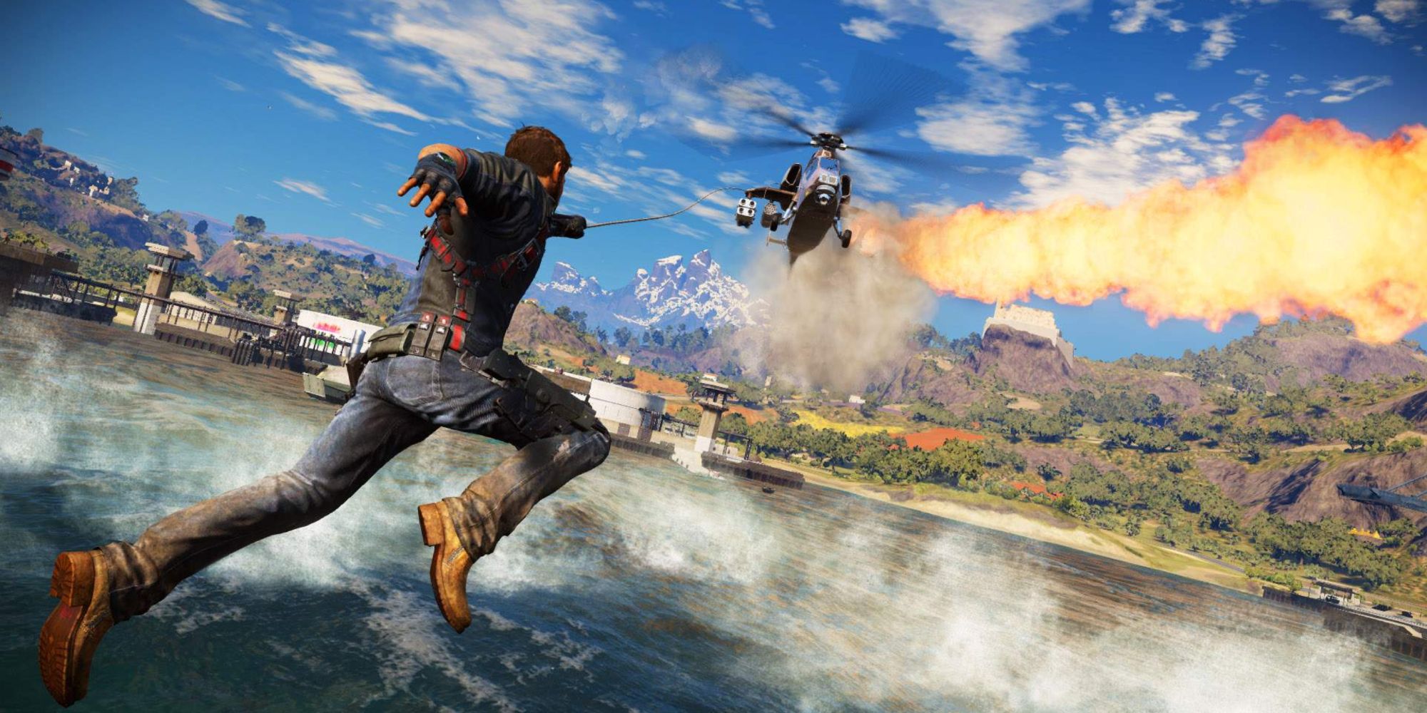 Rico grappling onto a helicopter in Just Cause 3