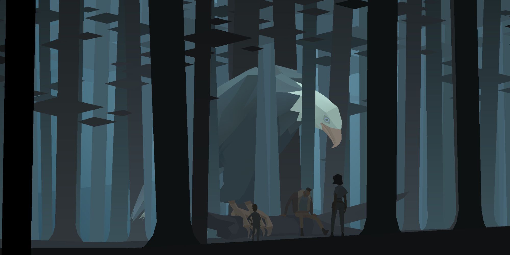 A group of people stand by a giant eagle in a forest