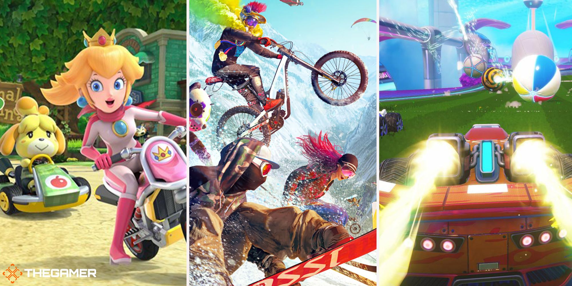 Kids Racing Games - Mario Kart 8 Deluxe, Riders Republic, Turbo Golf Racing (left to right)