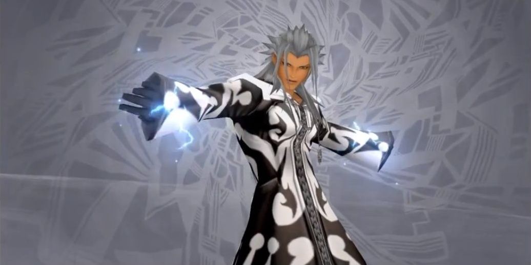 Xemnas in his zebra-pattern coat with electricity in both hands in Kingdom Hearts 2
