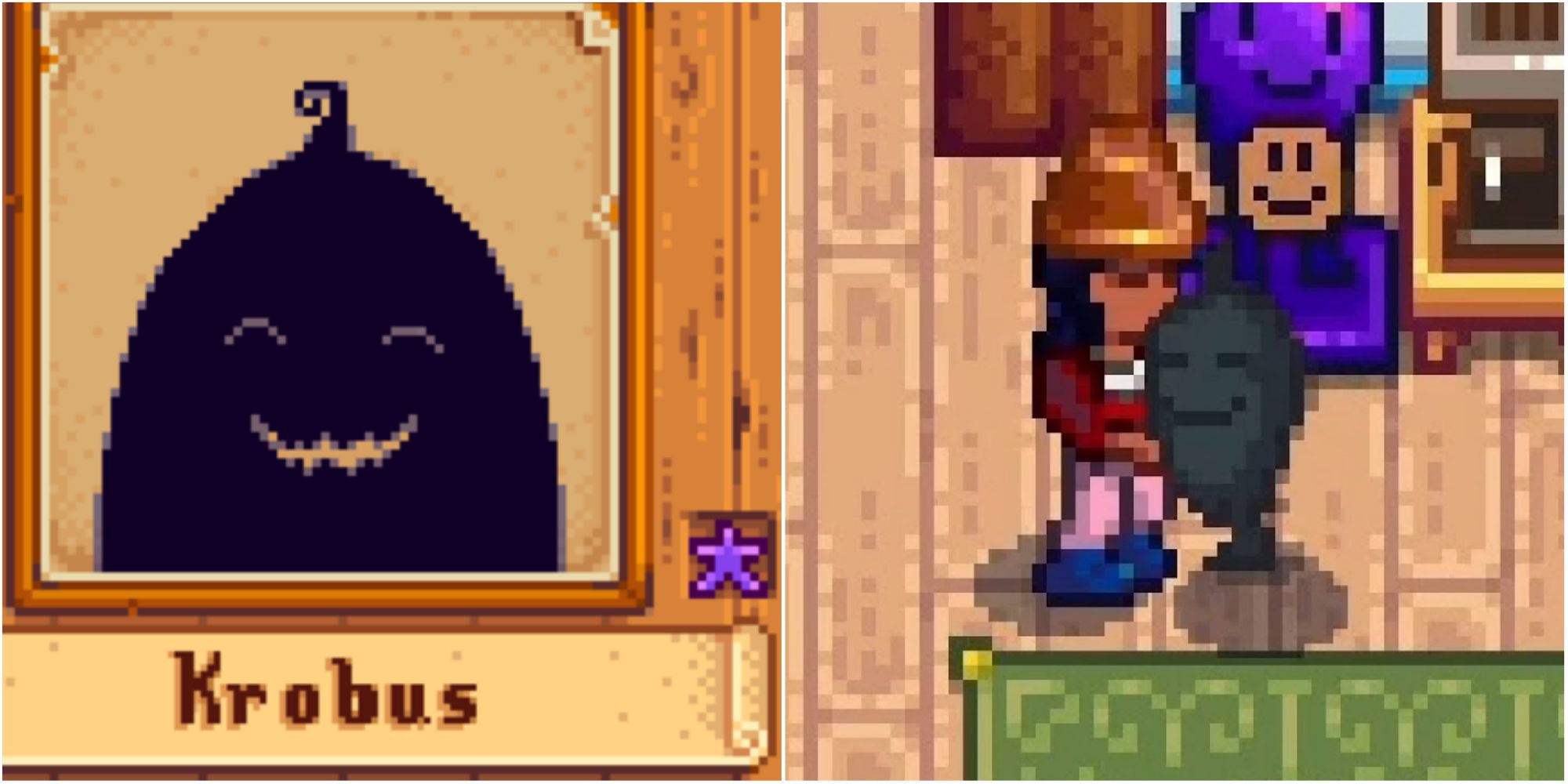 Split images of Krobus from Stardew Valley smiling and hugging the player.