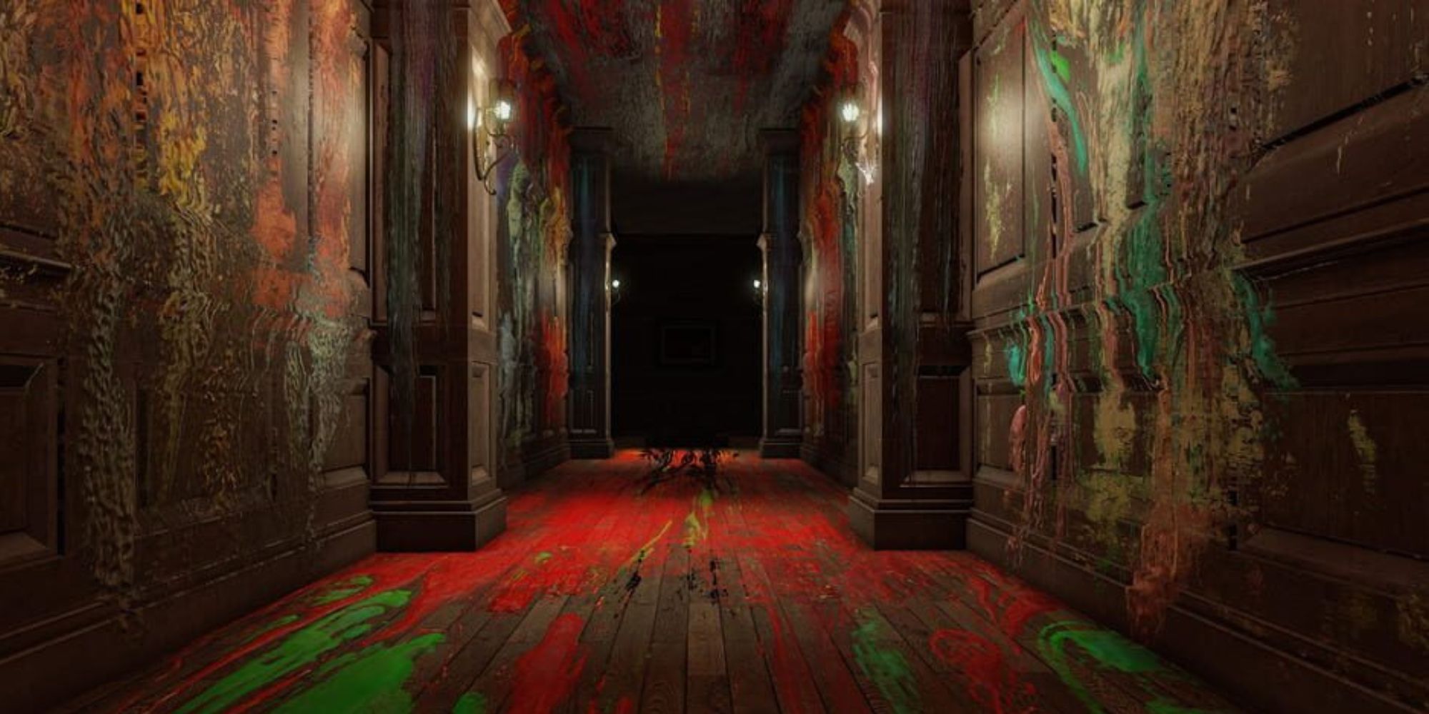 A wooden hallway stretches down into a dark room, with different colors of paint splattered all over the floor and walls