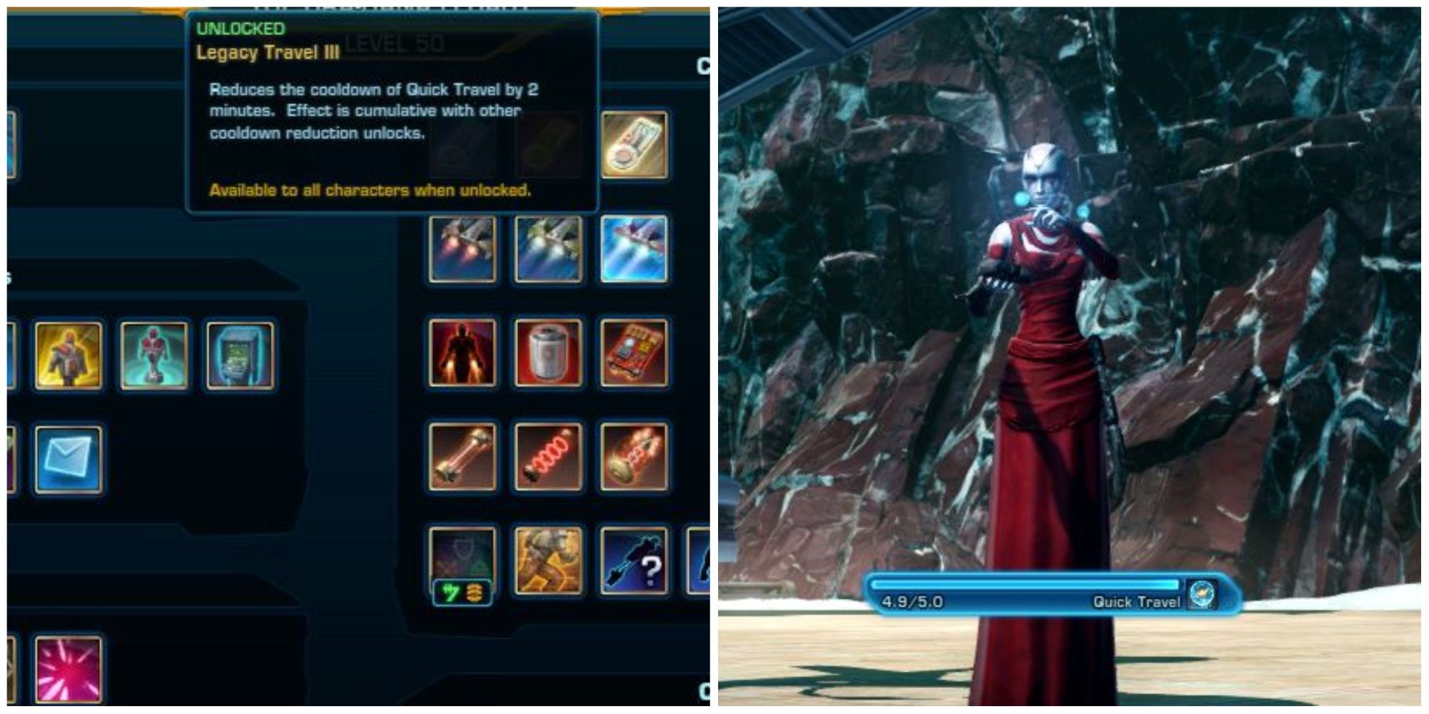 SWTOR Legacy Travel window, with a character using quick travel