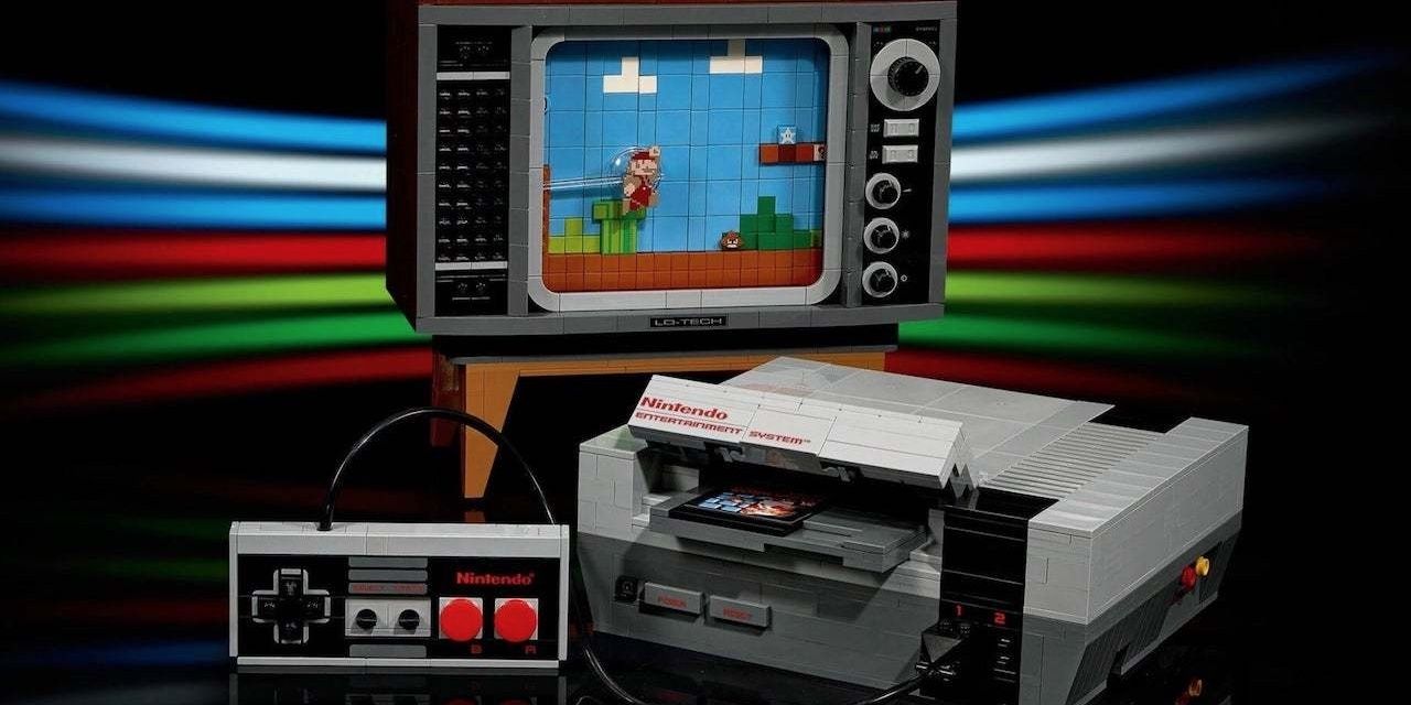 Lego NES and CRTV on a black background with red, white, green, and blue lines behind them