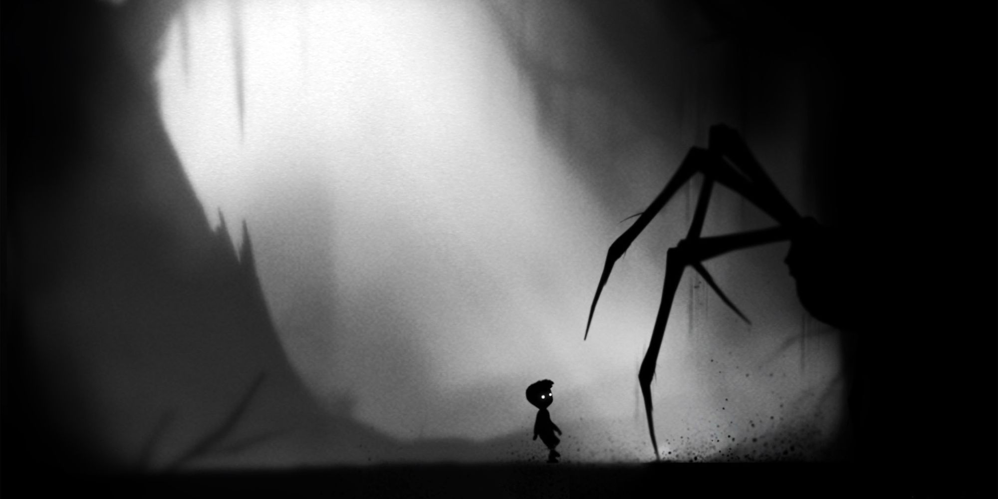A shadowy figure stands in front of a gigantic pair of legs from Limbo.