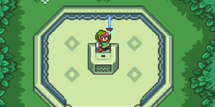 Link holds the Master Sword in the Lost Woods