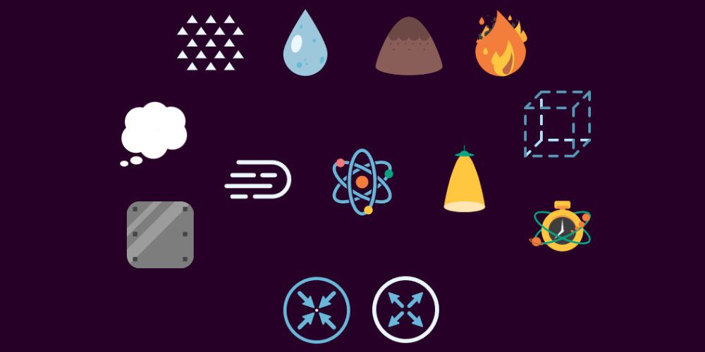 Graphics of various objects and concepts scattered around