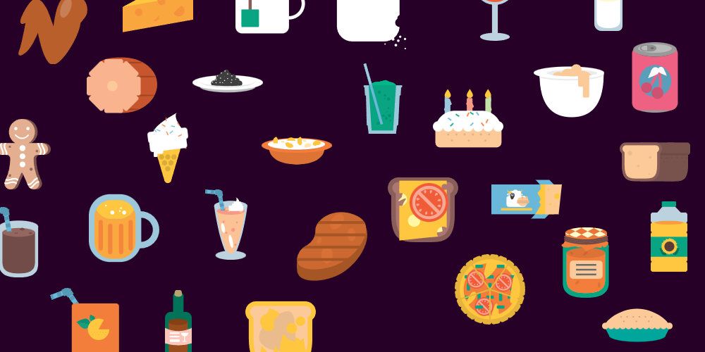 Graphics of food items are scattered across the image