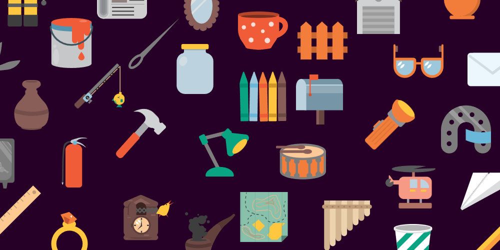 Graphics of random household objects scattered around the image