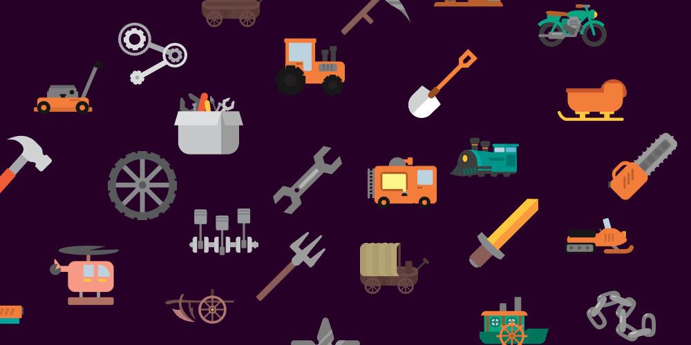 Graphics of various tools, machines, vehicles, and weapons are scattered around the image.