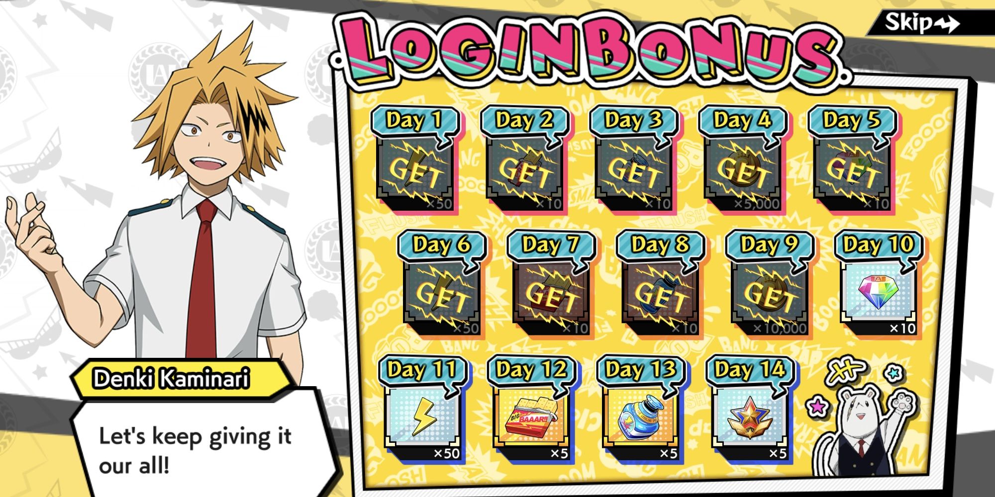 Login Bonus Screen Featuring Kaminari from My Hero Academia and rewards from Ultra Impact app