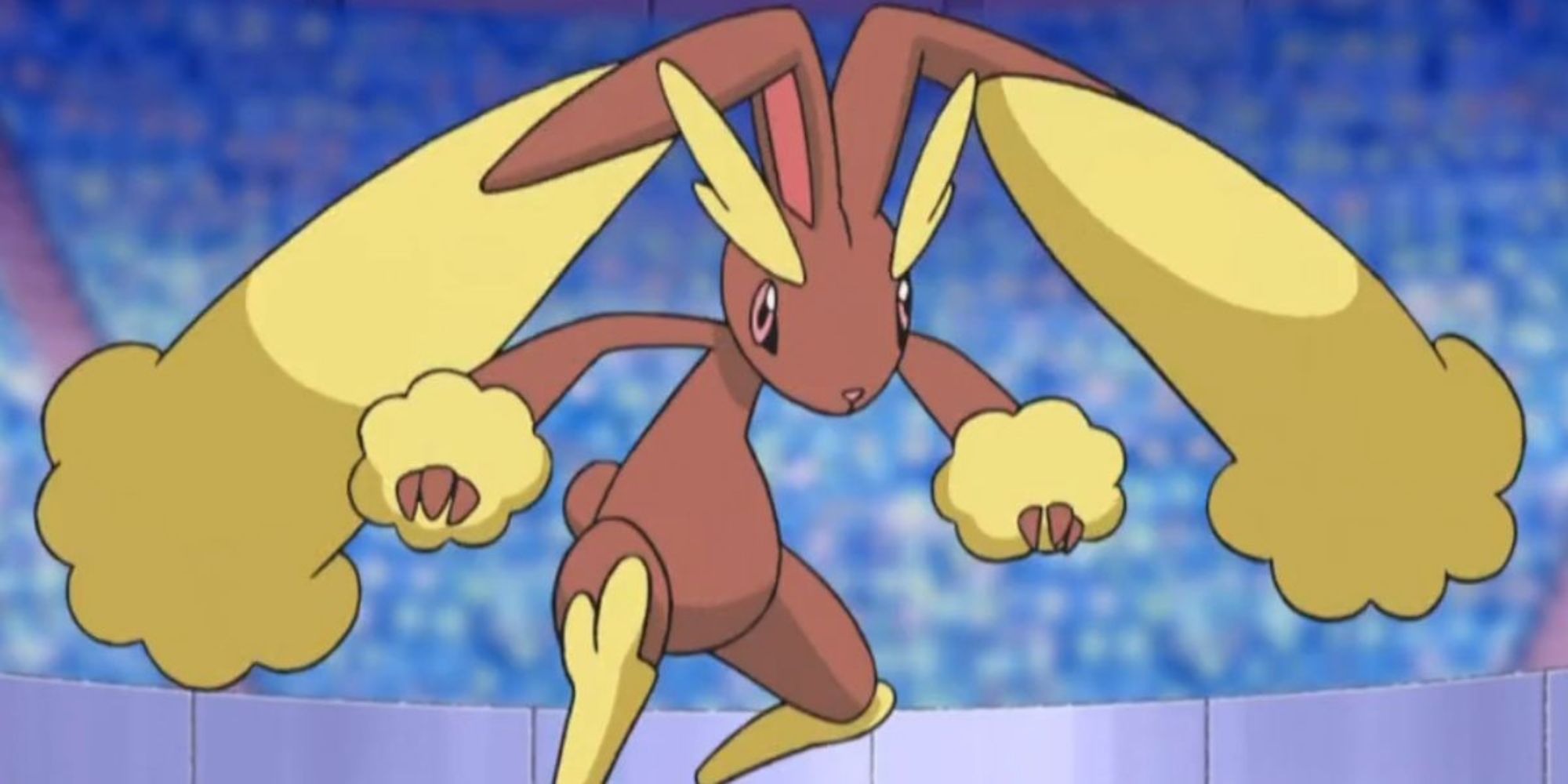 Lopunny jumps in the air in a crowded stadium