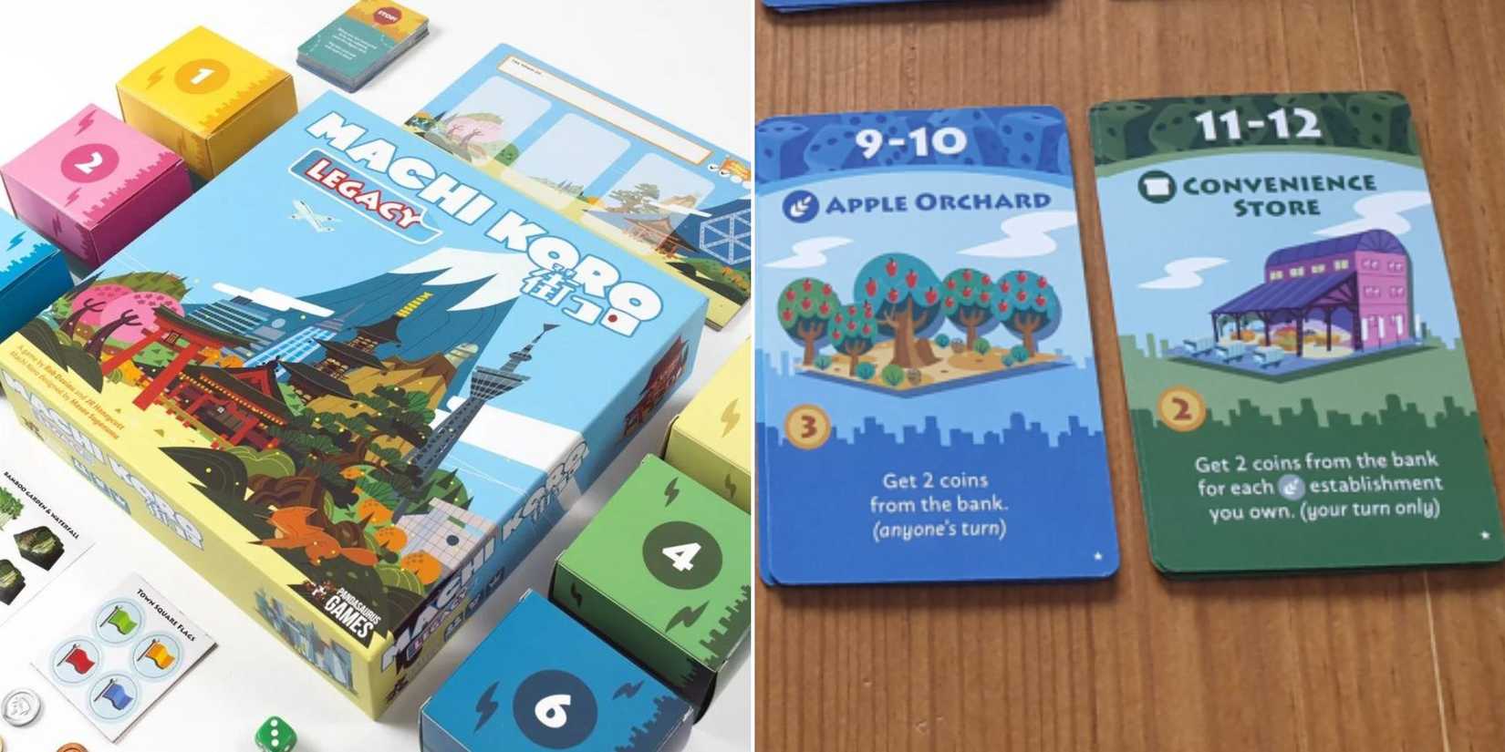 Machi Koro Legacy Box and Components settings next to some examples. 