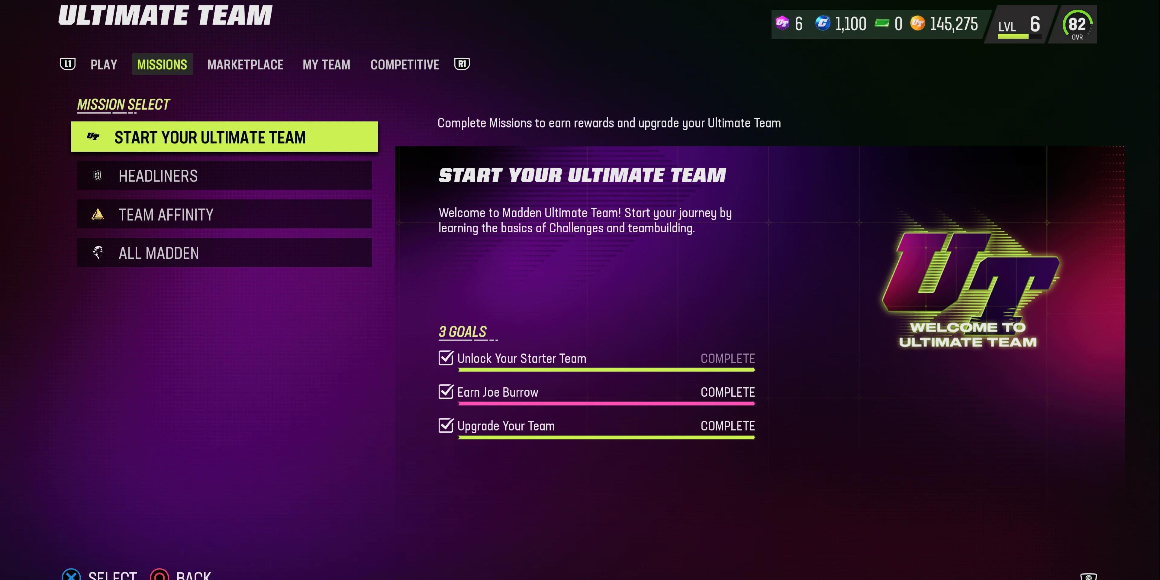 select missions to earn rewards in ultimate team