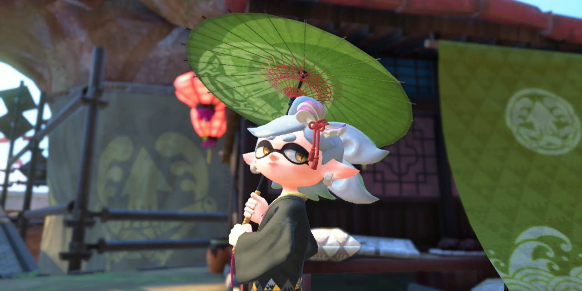 Marie stands under an umbrella at the entrance to the Splatoon campaign