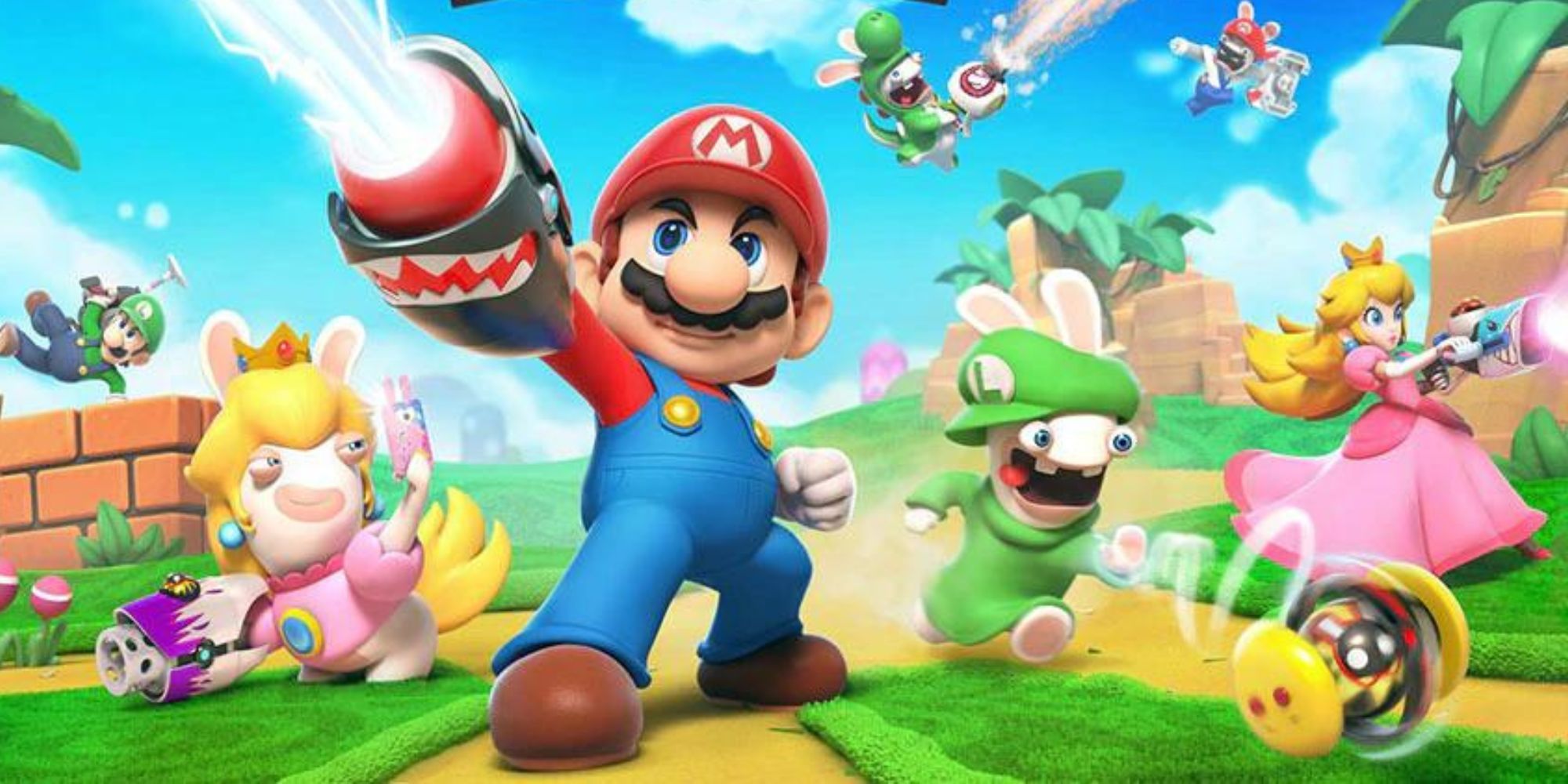 Mario, Rabbid Luigi, Rabbid Peach, Princess Peach, and Luigi attack with guns and weapons