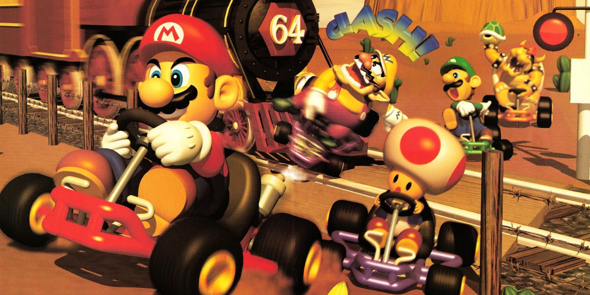 Mario drives past a train as Toad, Wario, Luigi, and Bowser trail behind