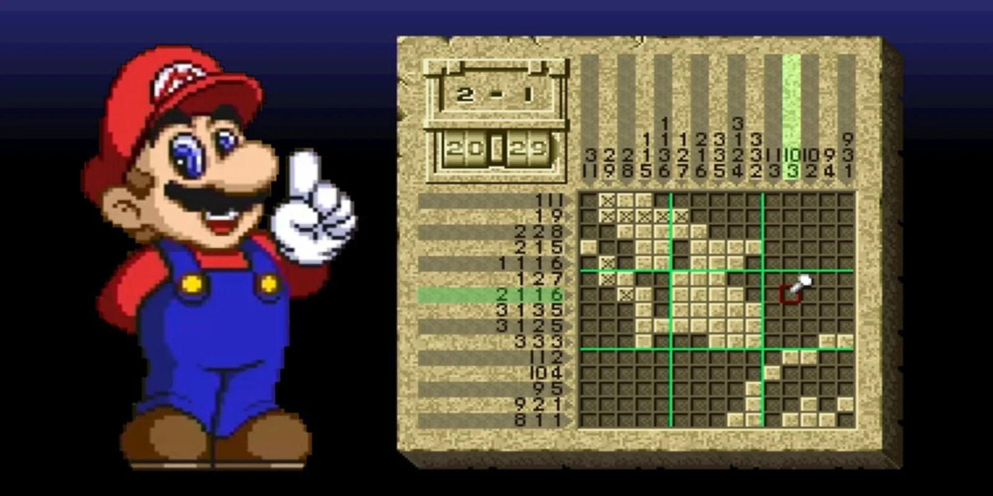 Mario points his finger in the air beside a Picross puzzle