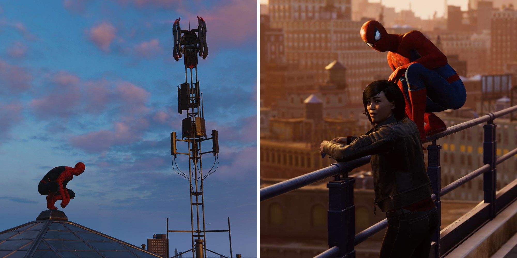 Marvel's Spider-Man Keeping The Peace Quest Surveillance Tower on the left and Yuri Watanabe and Spider-Man on the right.