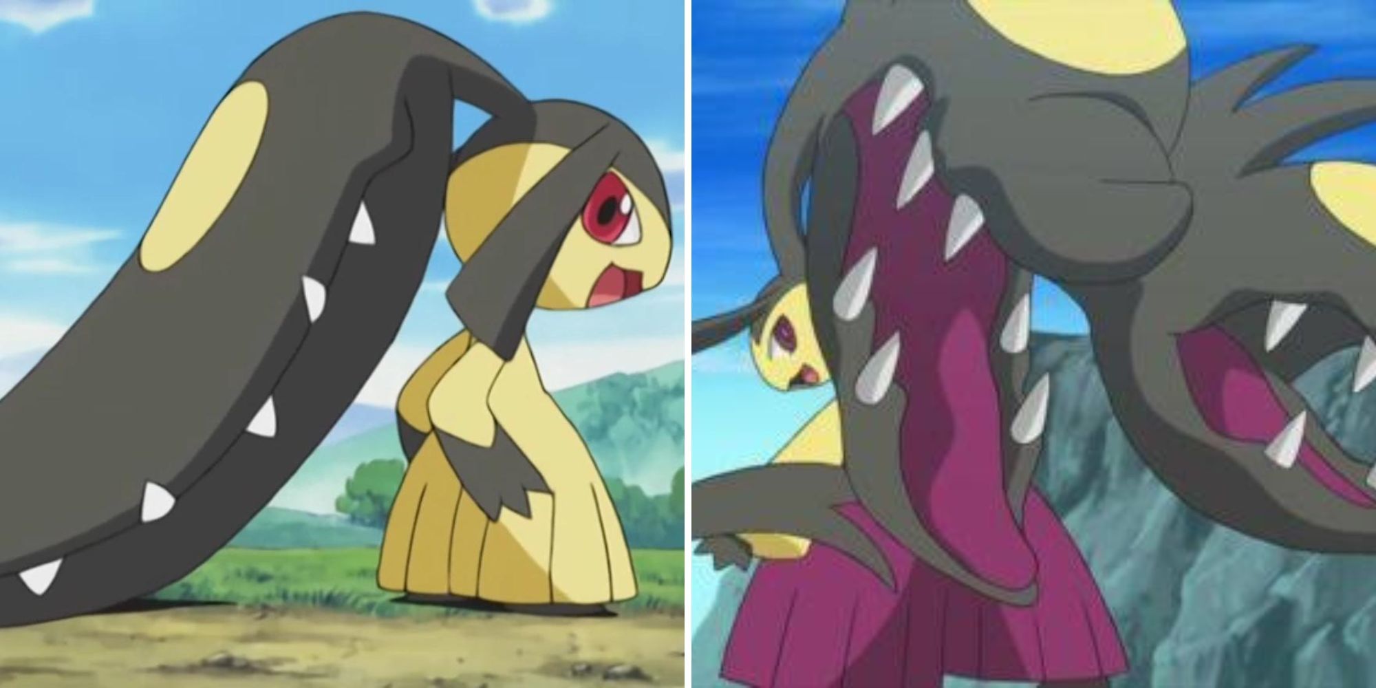 Mawile stands on a dirt path and Mega Mawile prepares to attack