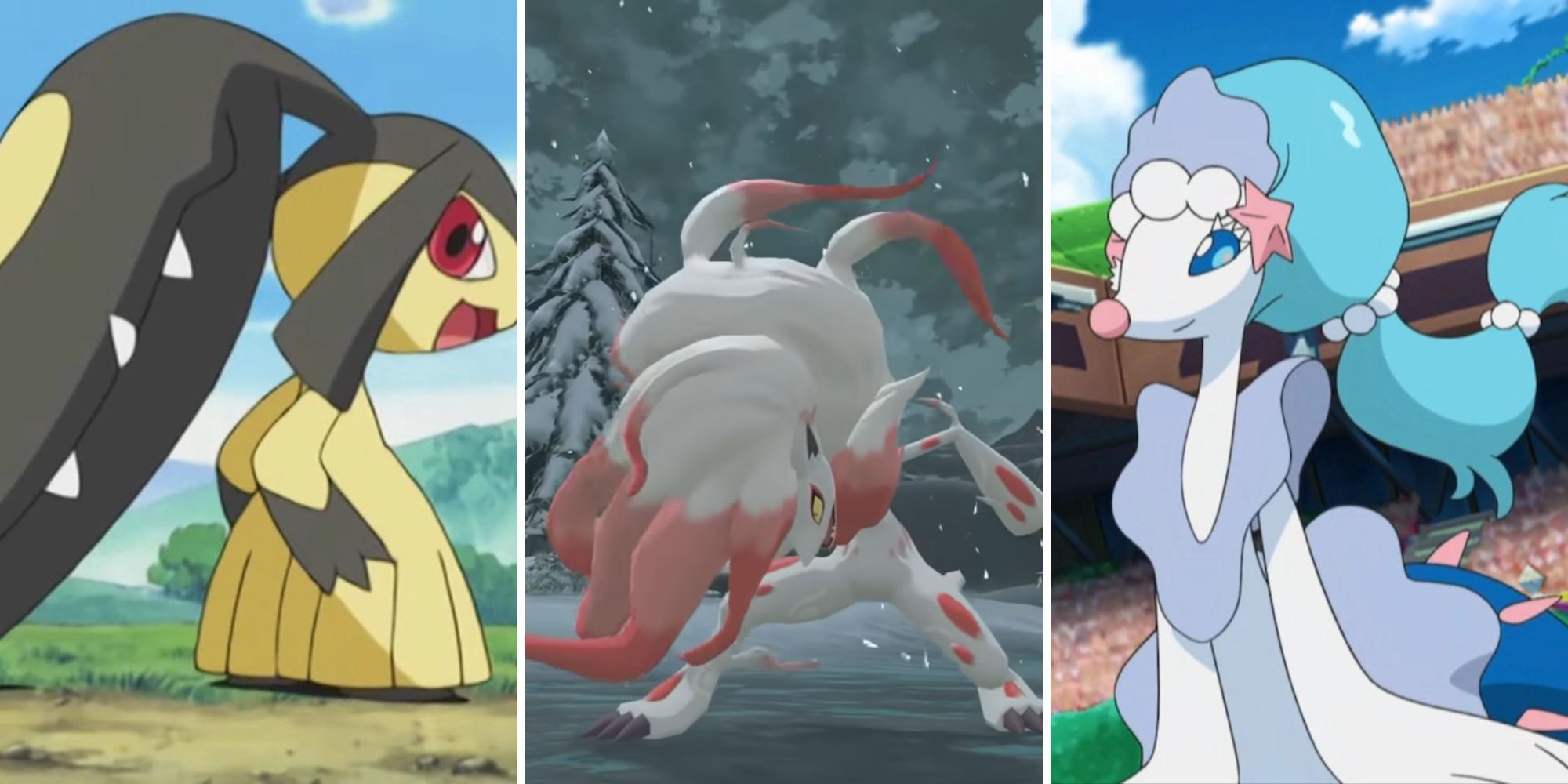 Mawile stands on a dirt path, Hisuian Zoroark roars in the snow, Primarinaprepares for battle in a stadium