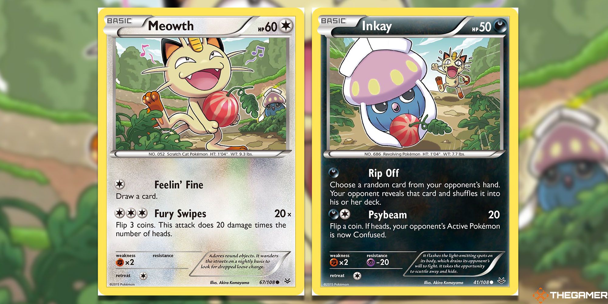 Meowth card (Roaring Skies #67) and Inkay (Roaring Skies #41) card Pokemon TCG cards.