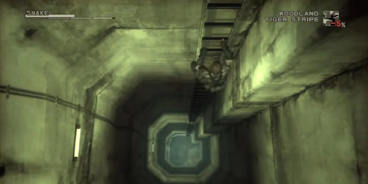 Snake climbs the very long ladder in Metal Gear Solid 3.