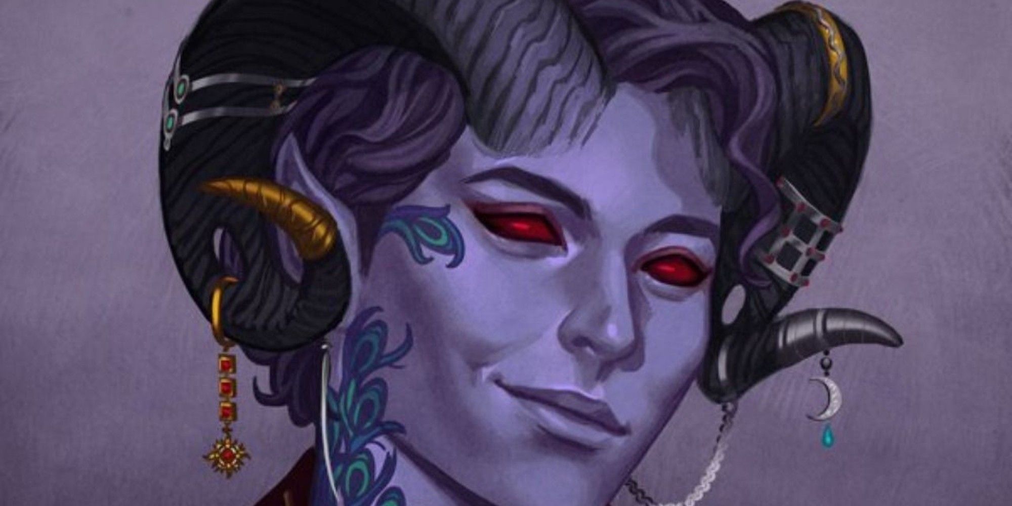 Mollymauk Tealeaf Official Portrait with purple background, looking content