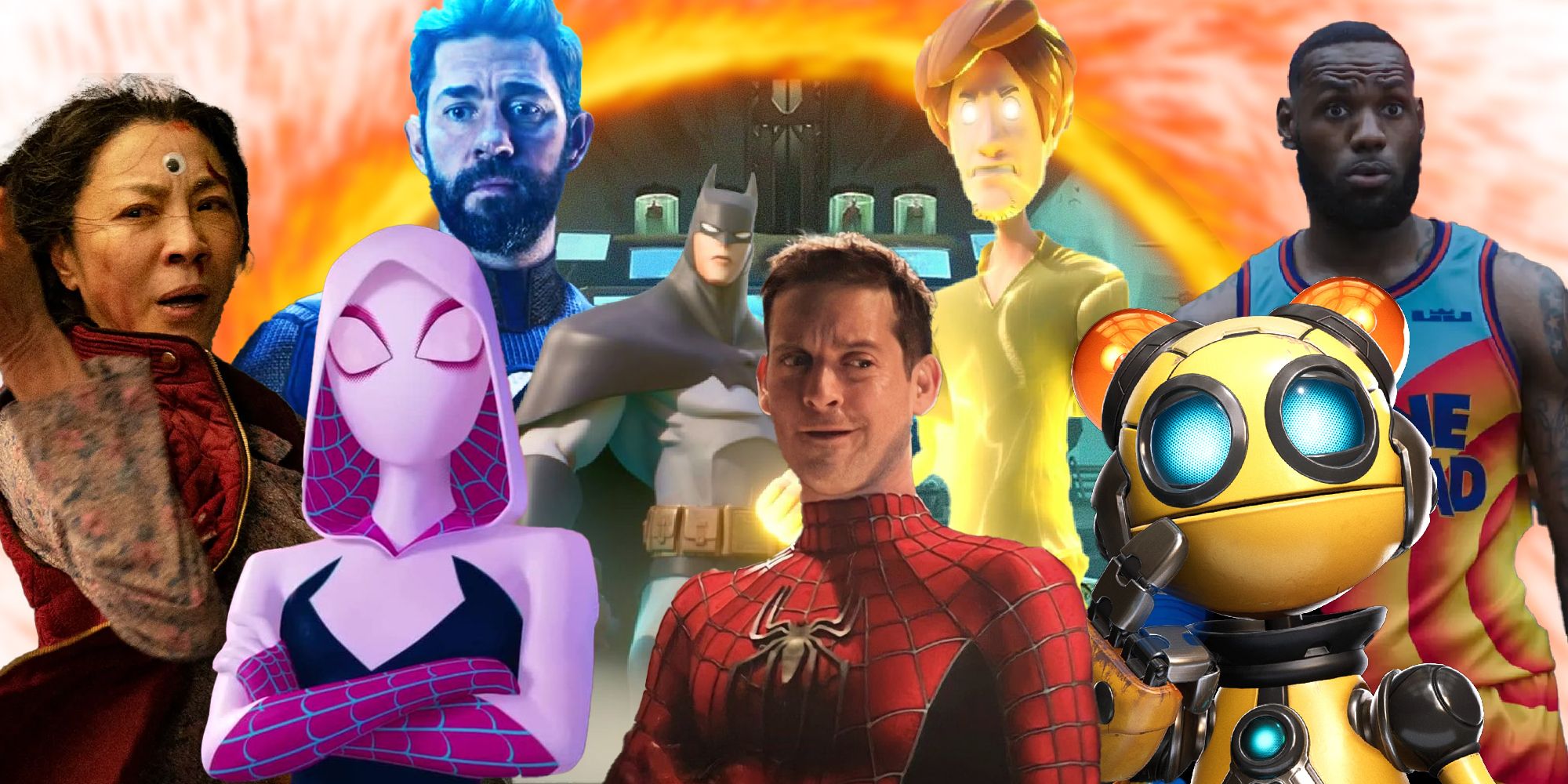 Michelle Yeoh in Everything Everywhere All At Once, Spider-Gwen in Spider-Man: Into The Spider-Verse, John Krasinski in Doctor Strange in the Multiverse of Madness, Batman and Shaggy in MultiVersus, Tobey Maguire in Spider-Man: No Way Home, Rivet in Ratchet & Clank: Rift Apart, and Lebron James in Space Jam: A New Legacy against the backdrop of an orange portal.