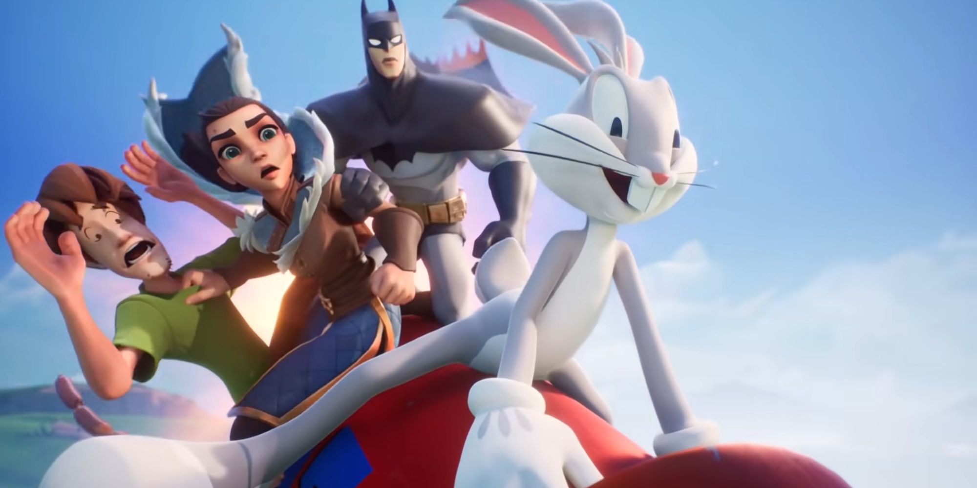 Bugs Bunny, Shaggy, Arya Stark, and Batman rising a rocket