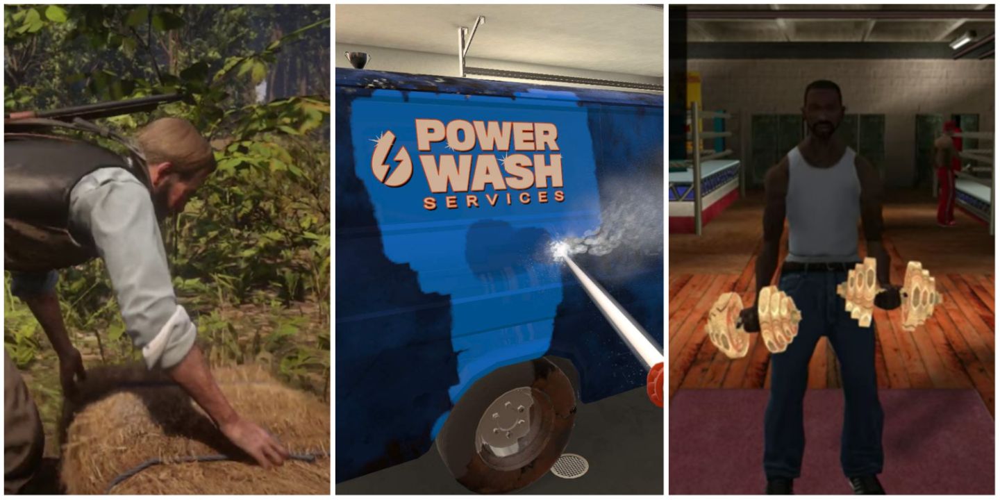 Image collage for Mundane Tasks in games, including Red Dead Redemption 2, PowerWash Simulator and GTA: San Andreas
