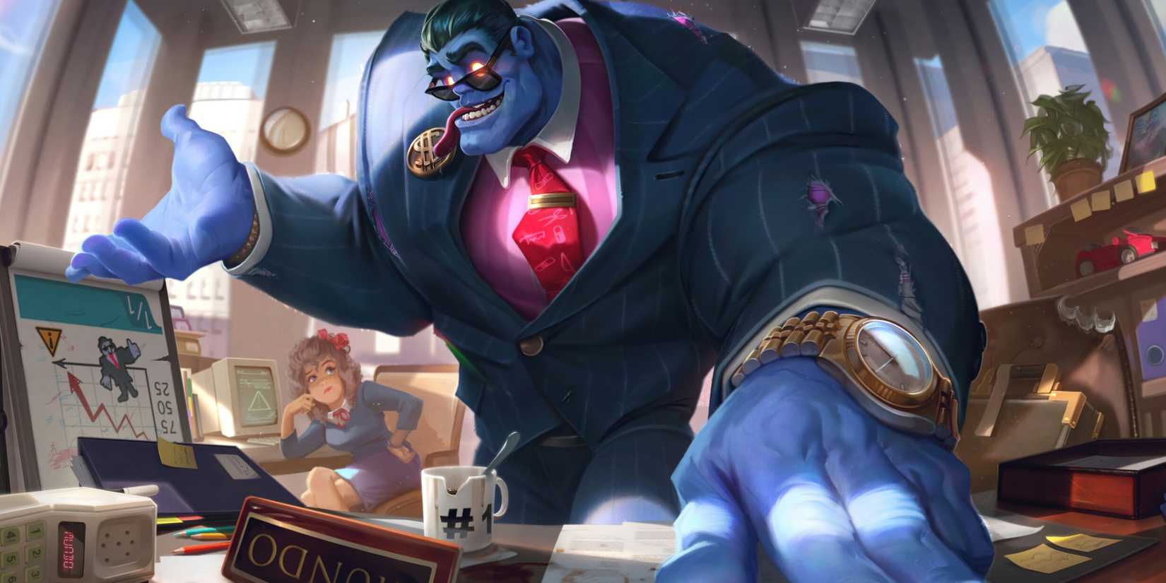Mundo attempts to show us everything is alright in his company and that profits are going up as he bursts from his suit in League of Legends.