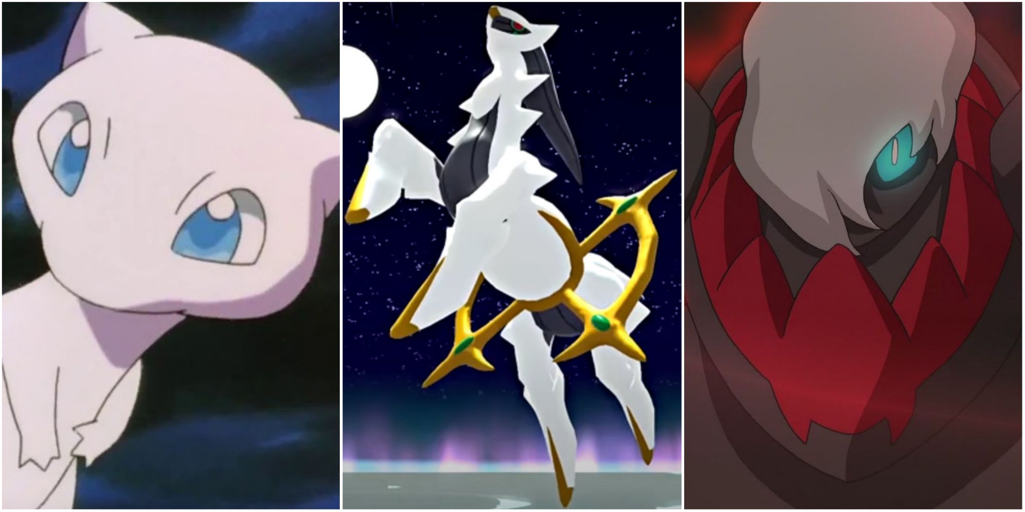 Split image screenshots of Mew, Arceus and Darkrai.