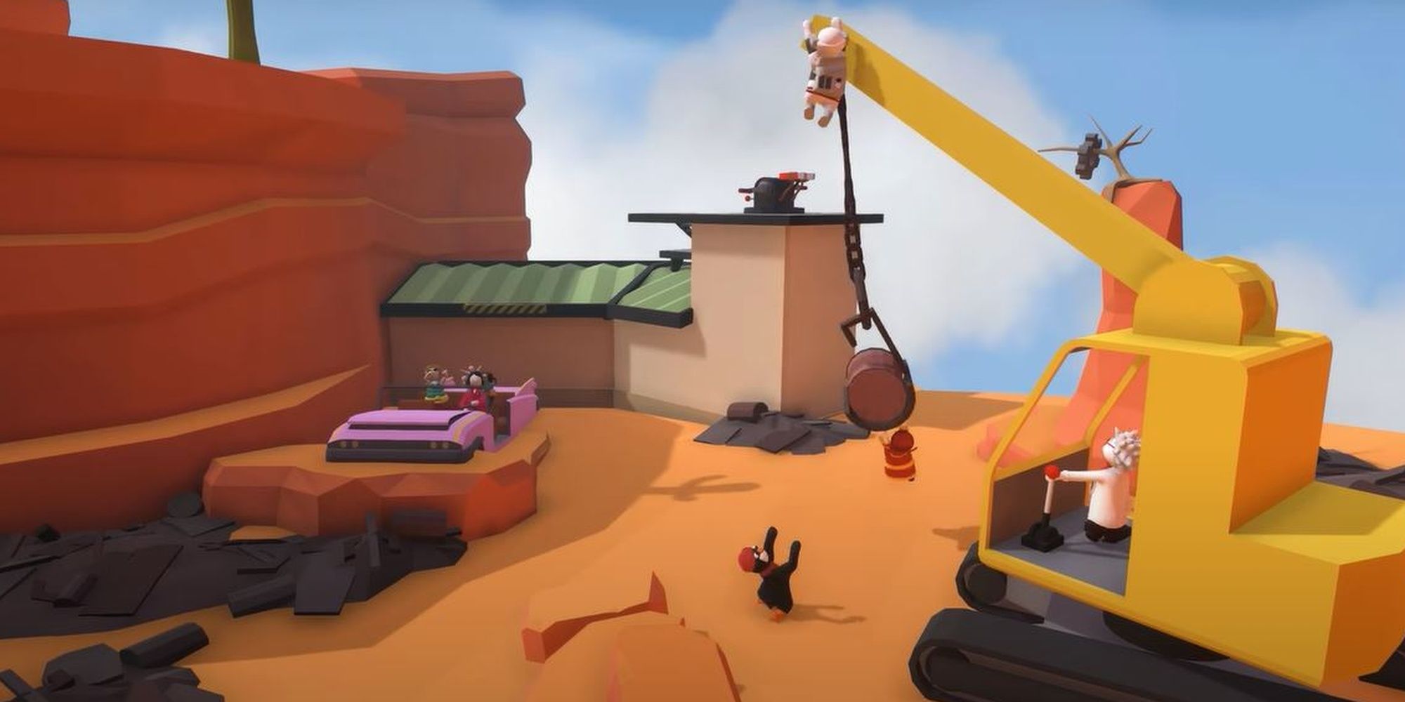 Human Fall Flat characters hang from the end of a wrecking ball while another person lifts a crane