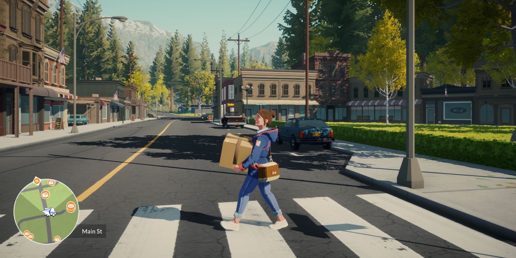 a wide shot of Meredith from Lake carrying a brown box across a road with various buildings, trees and cars in the background