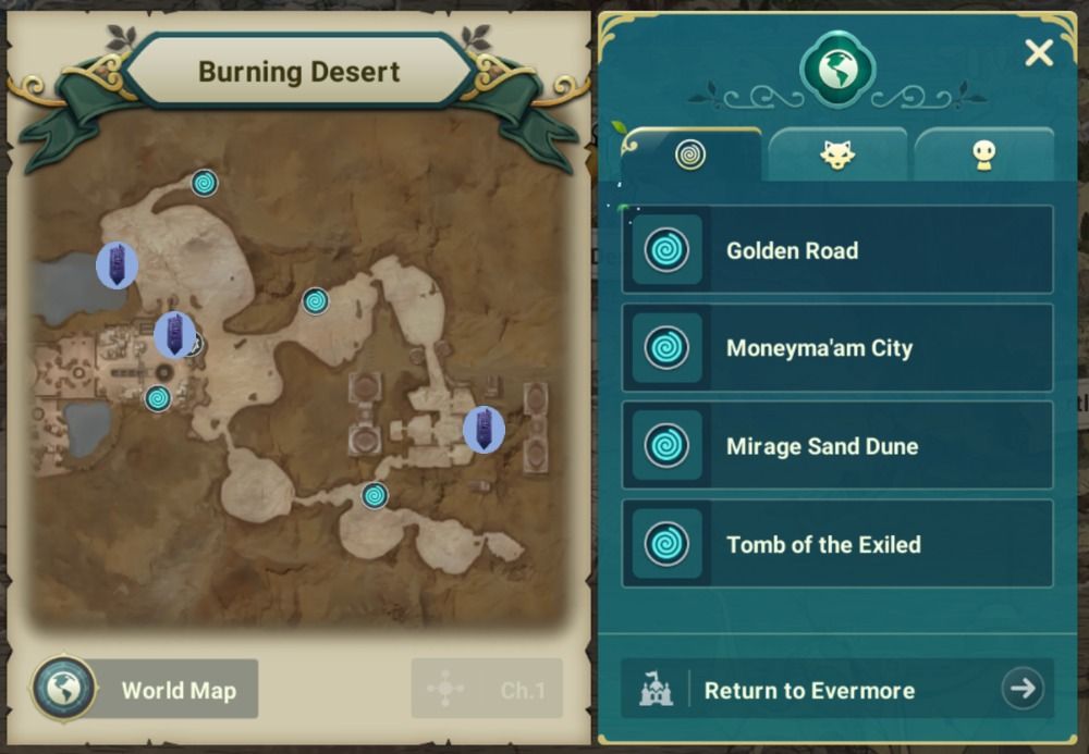 Ni No Kuni Cross Worlds - Burning Desert map with Vistas