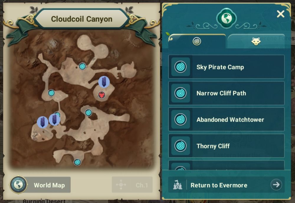 Ni No Kuni Cross Worlds - Cloudcoil Canyon map with Vistas