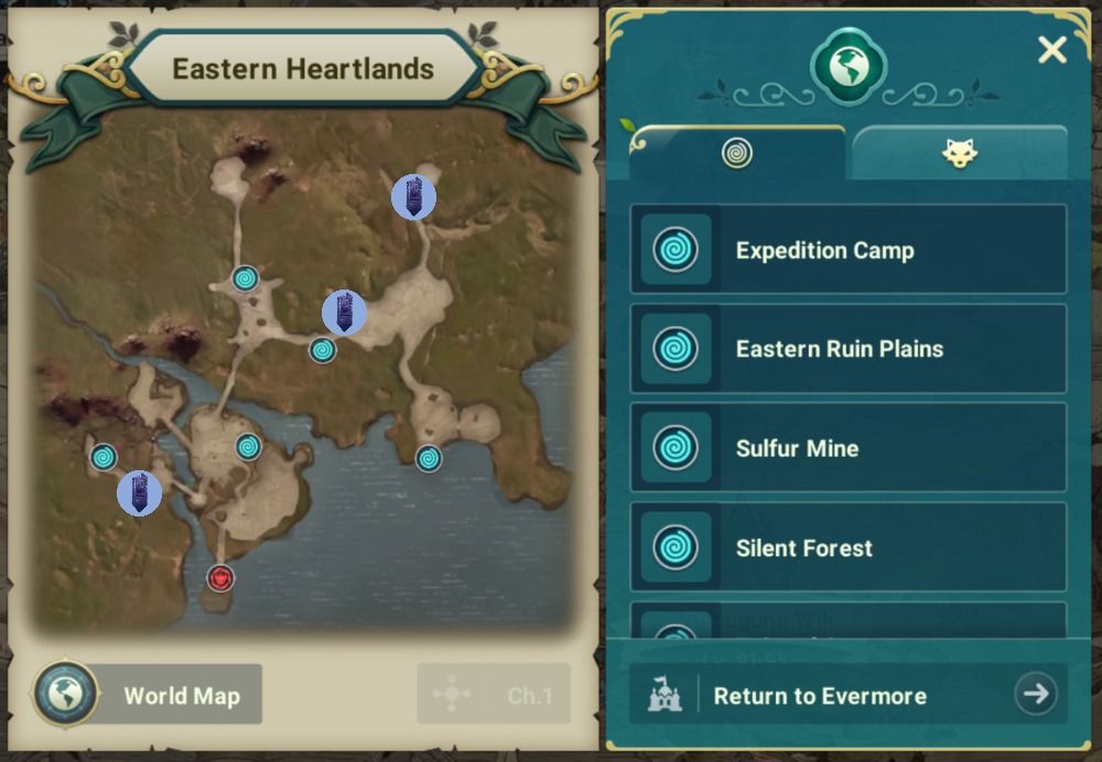 Ni No Kuni Cross Worlds - Eastern Heartlands map with Vistas