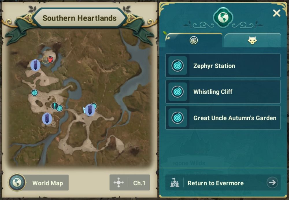 Ni No Kuni Cross Worlds - Southern Heartlands map with Vistas
