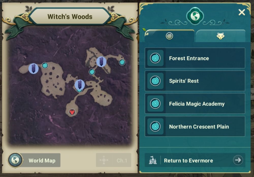 Ni No Kuni Cross Worlds - Witchs Woods map with Vistas