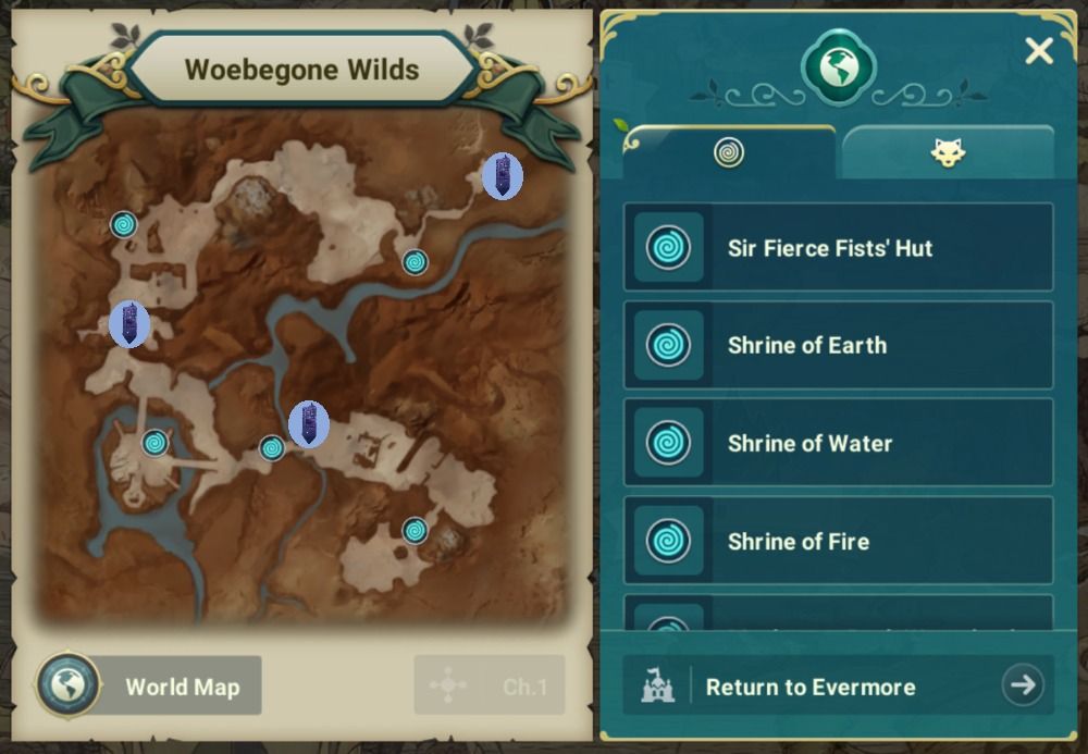 Ni No Kuni Cross Worlds - Woebegone Wilds map with Vistas