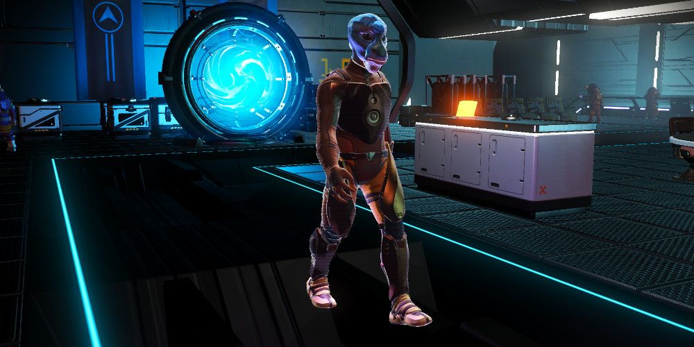Alien humanoid walks along a sci fi space station.