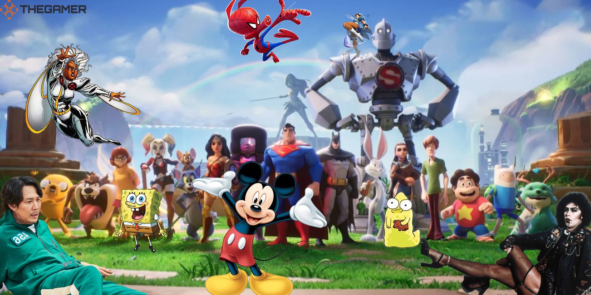 Several characters that are not owned by WarnerMedia, like Mickey Mouse, Frank N Furter, Chun-li, and more, stands on a precipice with the cast of MultiVersus.