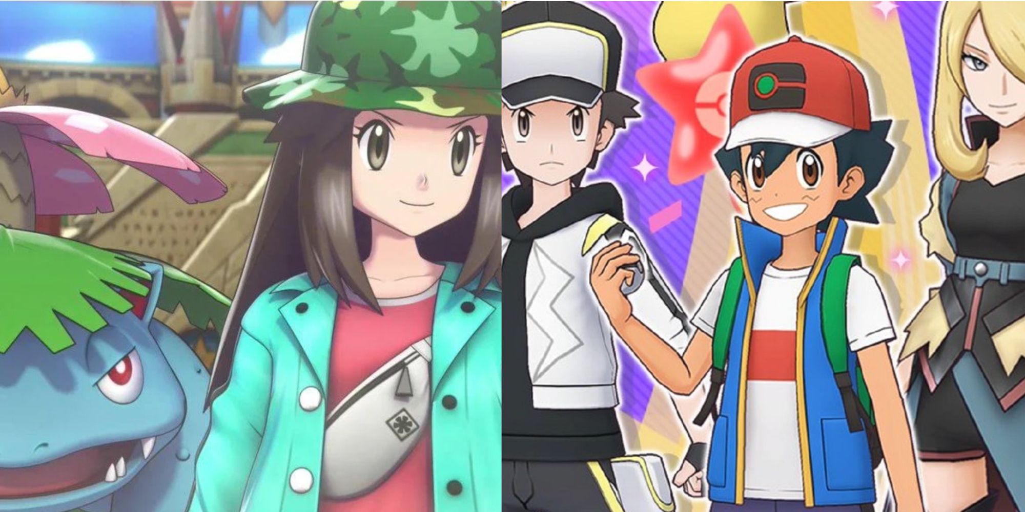 Pokemon Masters EX Best Anniversary Units: Leaf, Red, Ash, and Cynthia.