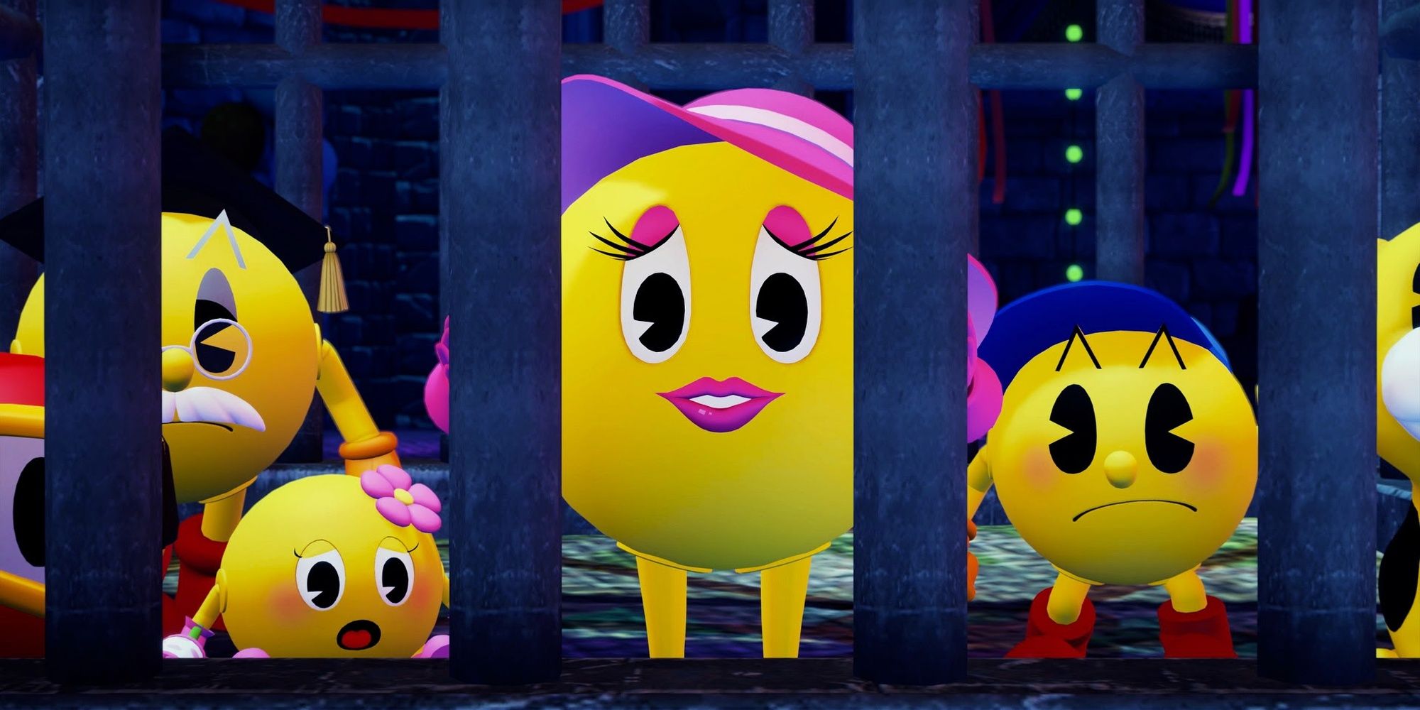 Pooka, Professor Pac-Man, Pac-Sis, Pac-Mom, Pac-Boy and Pac-Buddy, all captured, featured in Pac-Man World Re-Pac