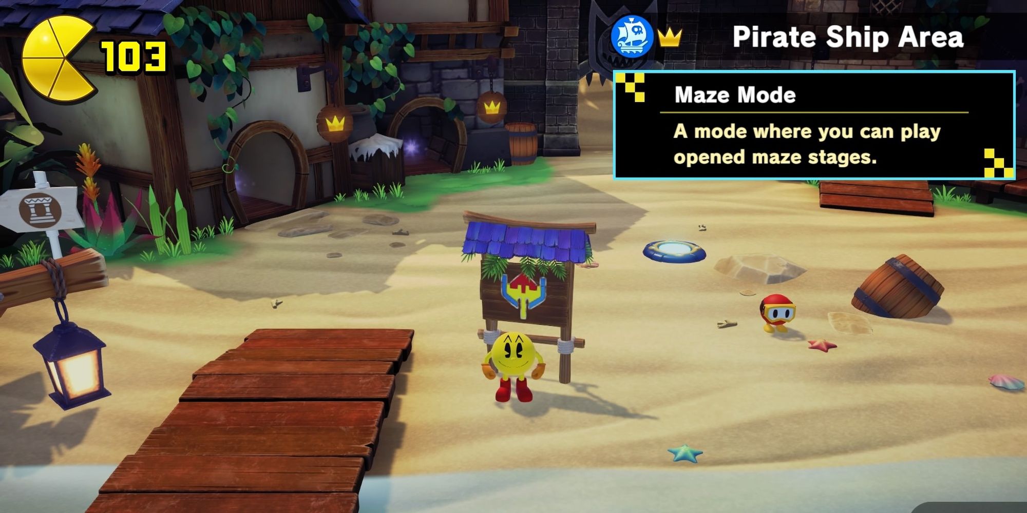 Pac-Man next to the sign that enters Maze Mode, in Pac-Man World Re-Pac