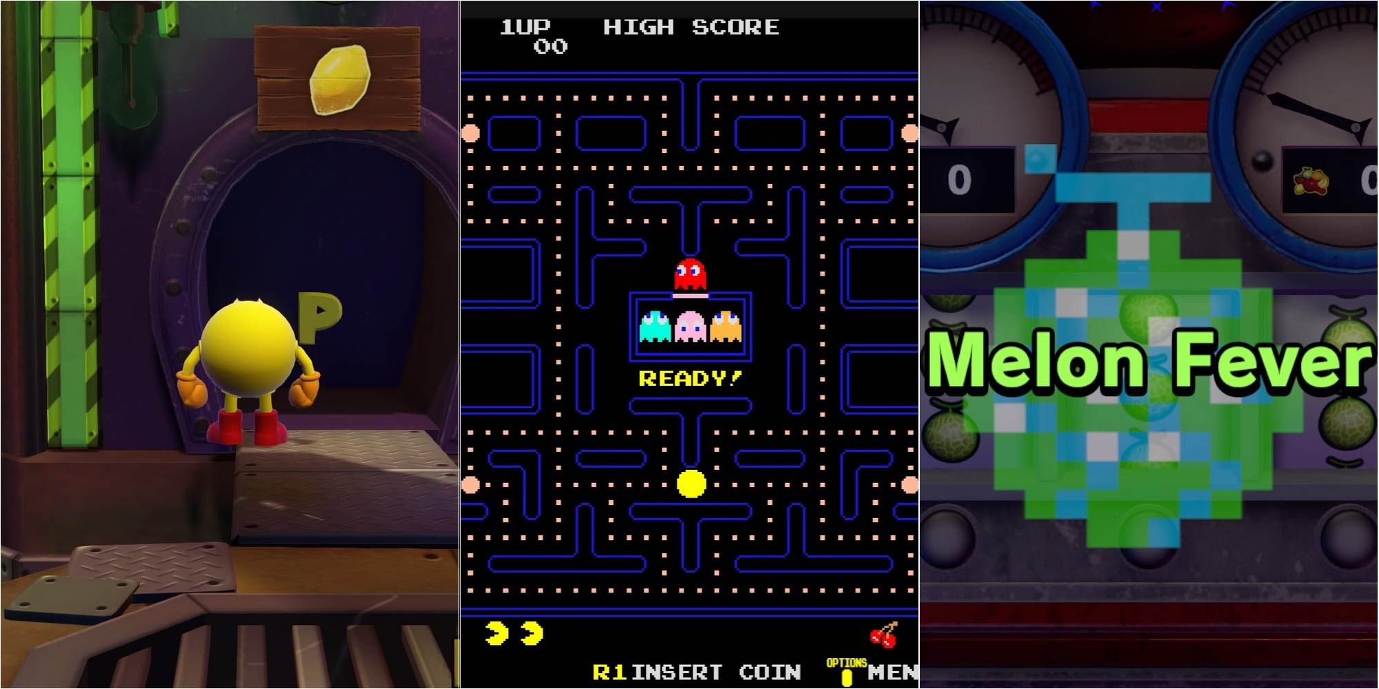 A montage showing a collectible, the original Pac-Man arcade, and the slot machine from Pac-Man World Re-Pac