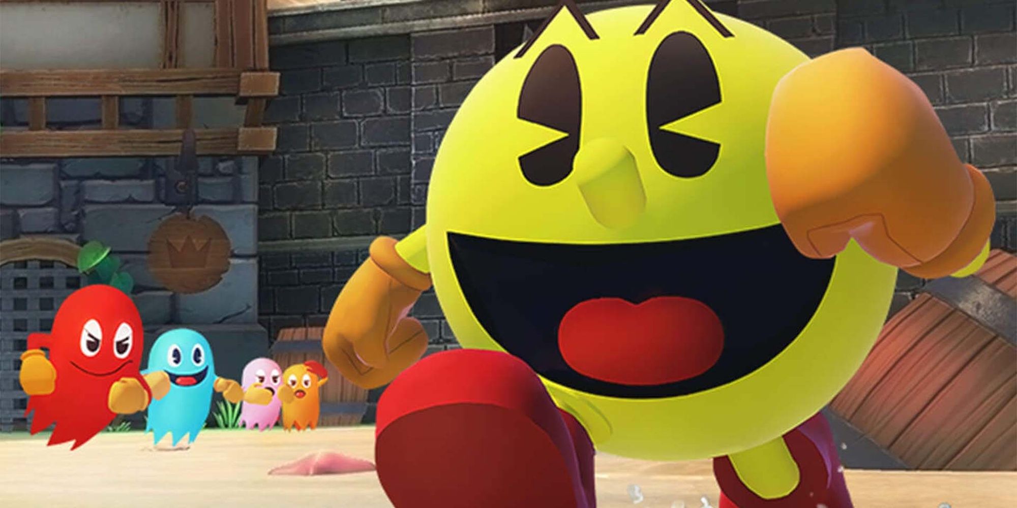 an image with Pac-Man on the front and Blinky, Pinky, Inky and Clyde, the Ghosts, on the background. It's a promotional image for Pac-Man World Re-Pac