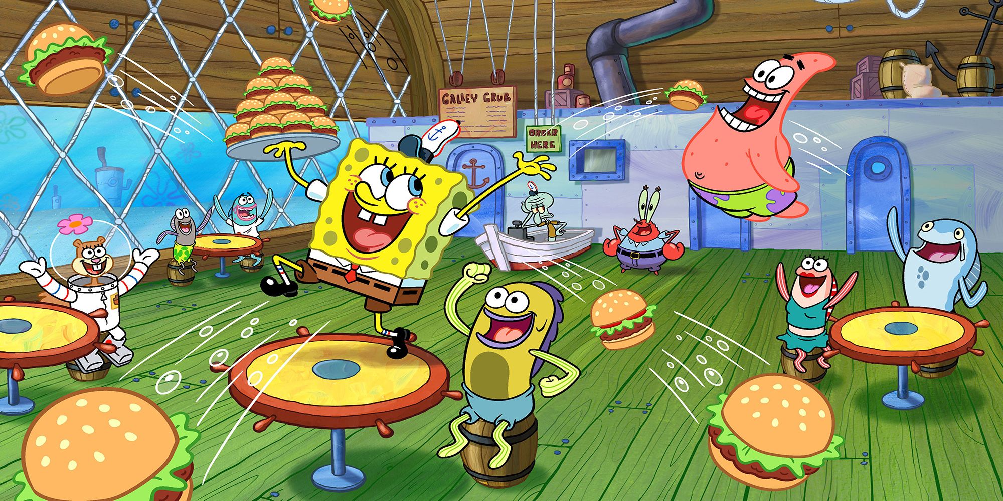 Spongebob gleefully serves krabby patties to his friends at the Krusty Krab in Spongebob Squarepants.