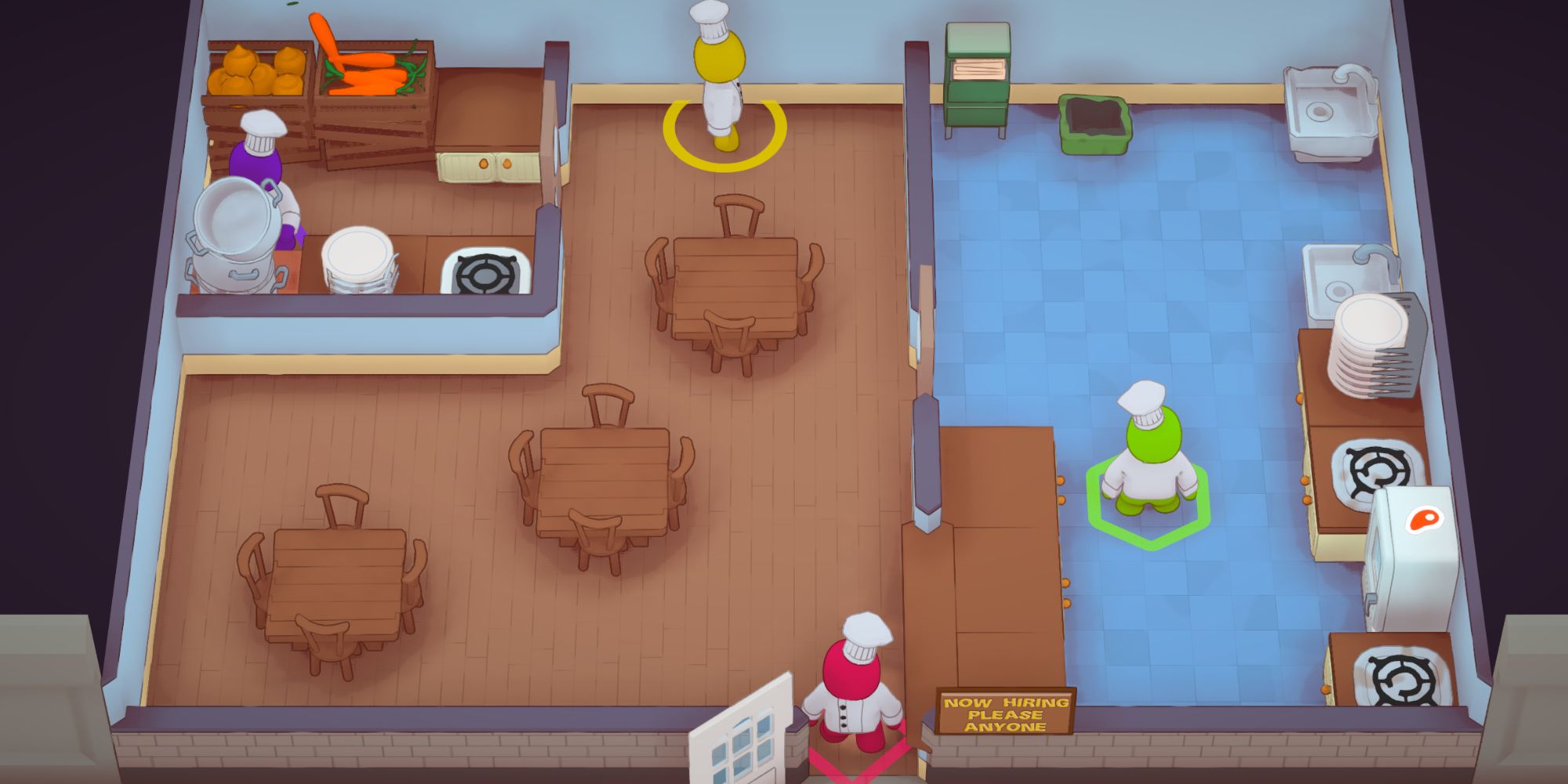 Plate Up new game multiplayer with 4 cooks in a basic kitchen